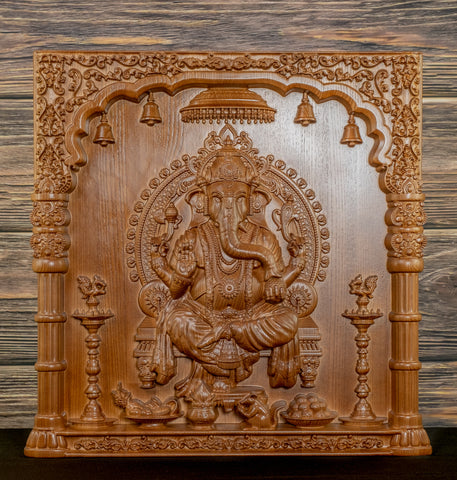 Lord Ganesh Wood Carving in a Pillar Frame - Ashwood Panel 24" x 23"