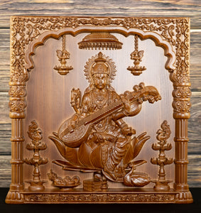 Goddess Saraswathi Wood Carving in a Pillar Frame - Ashwood Panel 24" x 23"