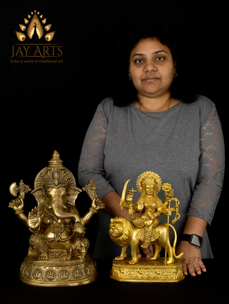 Brass Hindu Goddess Durga Statue Seated on Her Vehicle, a Lion with 8 Arms  Holding Weapons 17.5 (#160bs29z): Hindu Gods & Buddha Statues