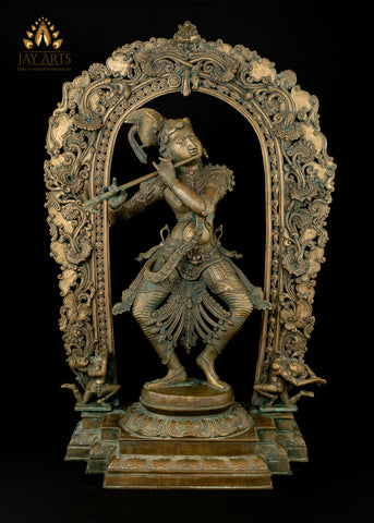 Bronze Lord Krishna with an elaborate Arch and dancing Gopis 32" - Lost-Wax Method Sculpture