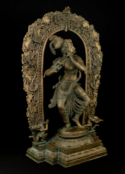 Bronze Lord Krishna with an elaborate Arch and dancing Gopis 32" - Lost-Wax Method Sculpture