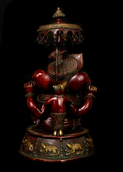 31" Bhagwan Ganesh wearing a Turban with a Mouse holding an Umbrella - Brass Statue