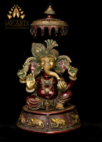 31" Bhagwan Ganesh wearing a Turban with a Mouse holding the Umbrella - Brass Statue