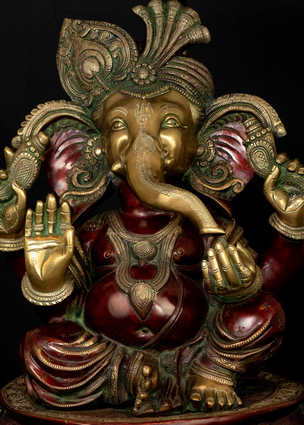31" Bhagwan Ganesh wearing a Turban with a Mouse holding an Umbrella - Brass Statue