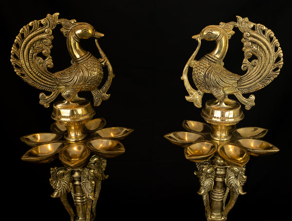 Auspicious Bird Lamp Set with Seven Wicks and Five Wicks (Two deepam plates)