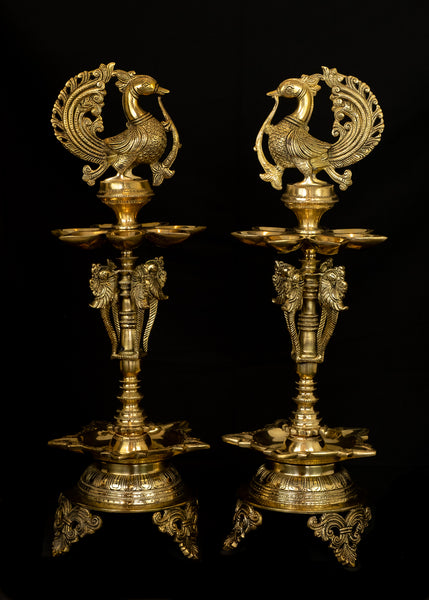 Auspicious Bird Lamp Set with Seven Wicks and Five Wicks (Two deepam plates)