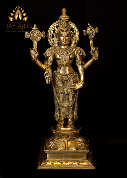 Bhagwan Vishnu (as Balaji) Standing on a Lotus 18" - Brass Statue