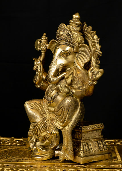 Abhaya Ganesh seated on a Decorated Pedestal