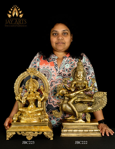 Goddess Saraswathi seated on a Swan (Hamsavahini) 19" Brass Statue