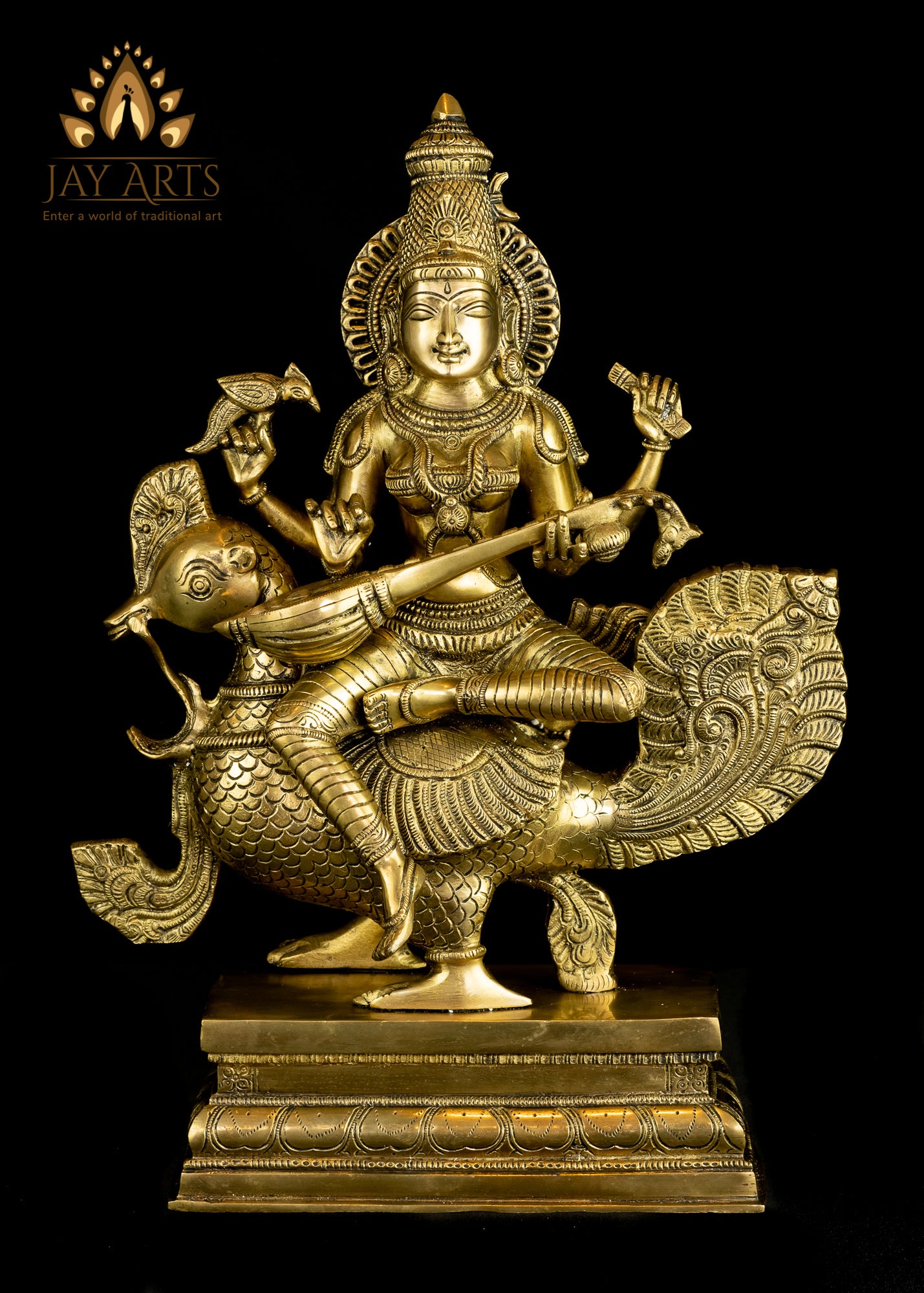 Goddess Saraswathi seated on a Swan (Hamsavahini) 19" Brass Statue