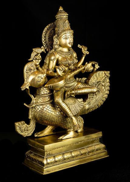 Goddess Saraswathi seated on a Swan (Hamsavahini) 19" Brass Statue