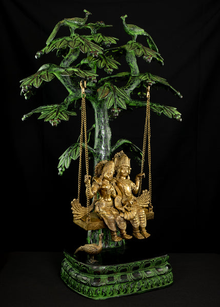 Radha and Krishna swinging in a Kadamba Tree 35" - An Enthralling Statue of the Divine Couple