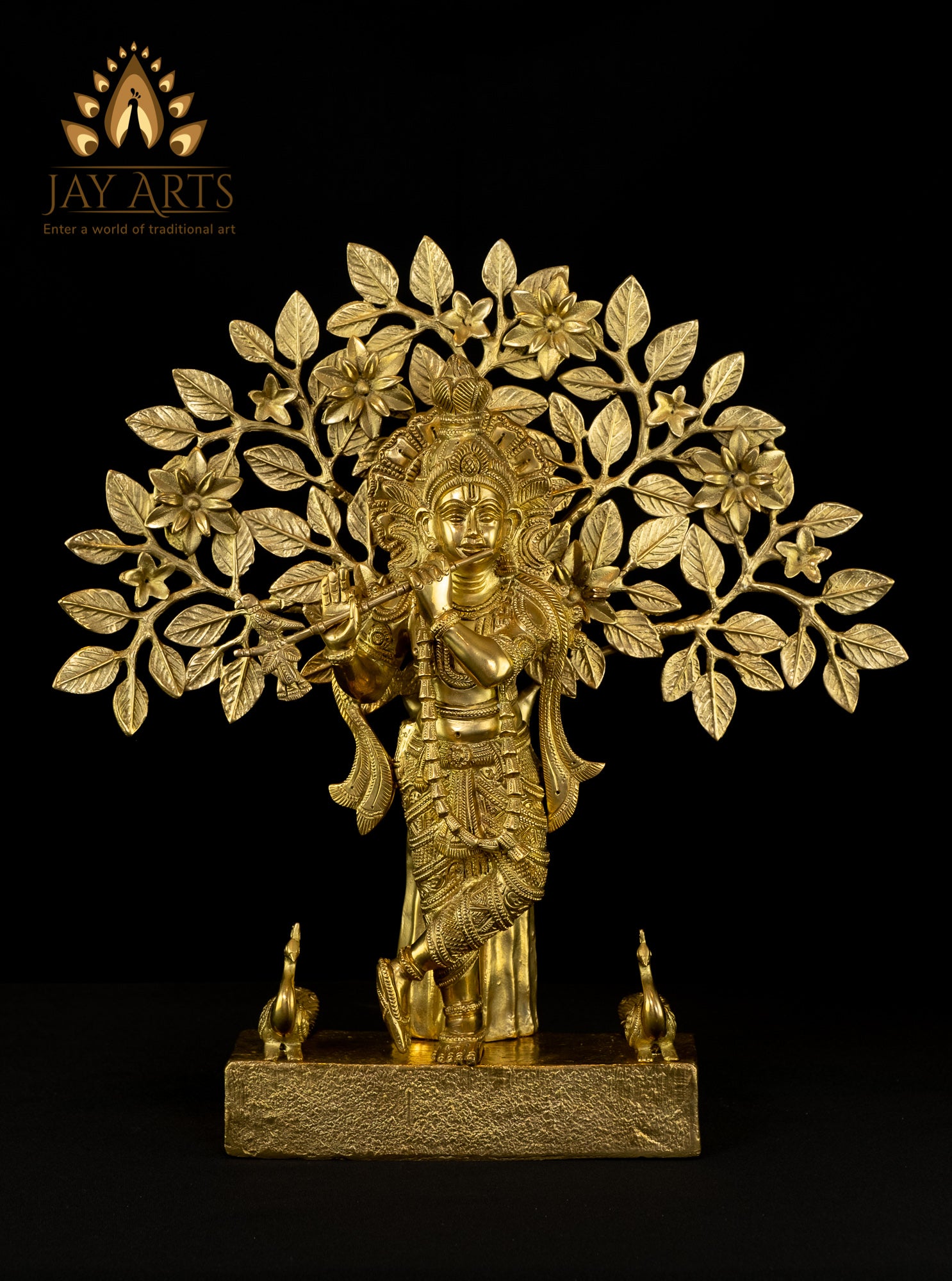 Lord Krishna Standing Under a Tree with Peacocks 16" Brass Statue