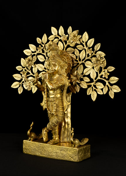 Lord Krishna Standing Under a Tree with Peacocks 16" Brass Statue