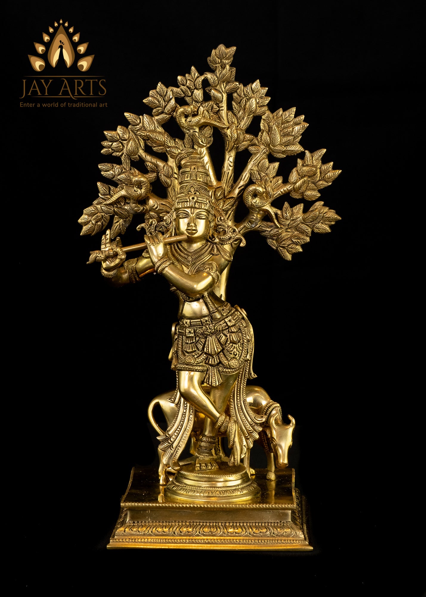 Lord Krishna with a Cow 14" Brass Statue
