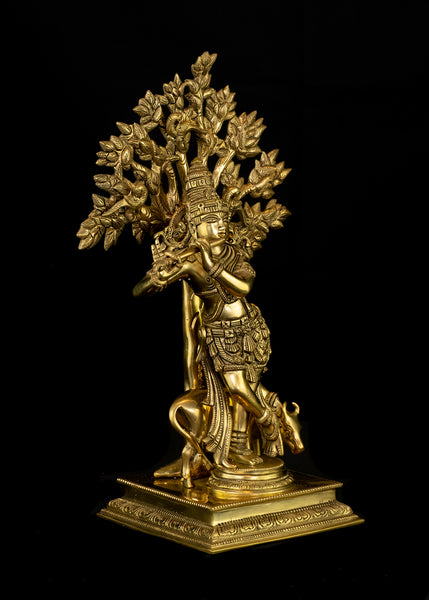 Lord Krishna with a Cow 14" Brass Statue