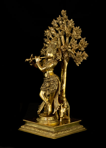 Lord Krishna with a Cow 14" Brass Statue