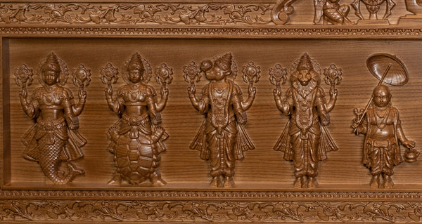 Dasavataram Wood Panel - The Grand Panel of The Ten Incarnations of Lord Vishnu 16" x 52"