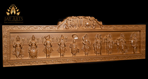 Dasavataram Wood Panel - The Grand Panel of The Ten Incarnations of Lord Vishnu 16" x 52"