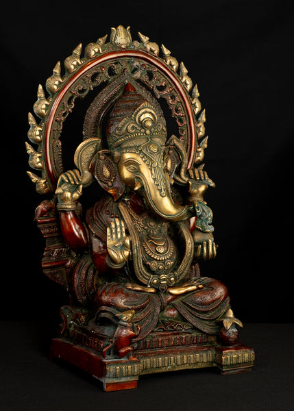 Enthroned Ganesh with marching mice aureole 21" Brass Statue