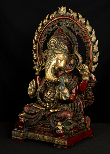 Enthroned Ganesh with marching mice aureole 21" Brass Statue