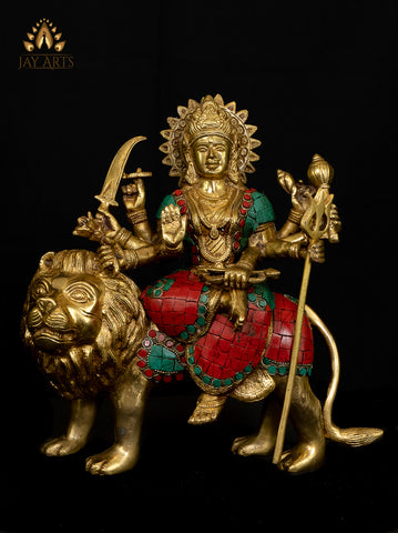 Maa Durga Devi 10" Brass Statue with Inlay Design