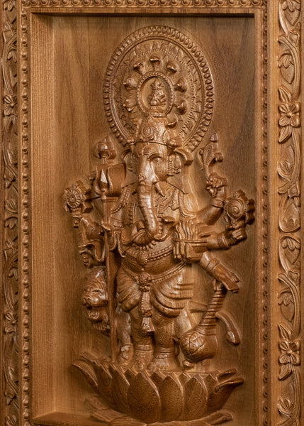 Shuba Drishti Ganapathi - Kan Drishti Pillayar Wood Panel in a Floral Frame