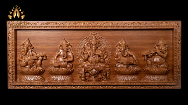 The Grand Panel of Lord Ganesh and The Musical Vighnahartas - Ashwood Panel 19" x 48"
