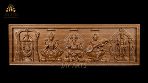 Hindu Traditional Panel 11"H x 34"W - A Wood Carving of Hindu Gods and Goddesses