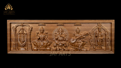 Hindu Traditional Panel 11"H x 34"W - A Wood Carving of Hindu Gods and Goddesses