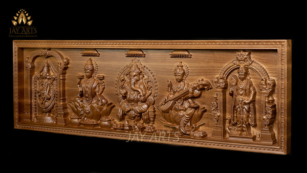 Hindu Traditional Panel 11"H x 34"W - A Wood Carving of Hindu Gods and Goddesses