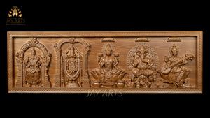 Hindu Divine Panel - Ash wood Panel of Gods and Goddesses 11"H x 34"W