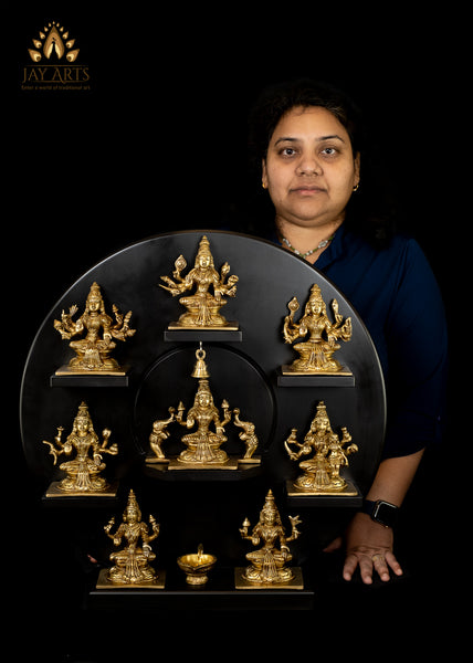 Brass Ashta Lakshmi in a Wooden Frame 21" (Circular Panel)