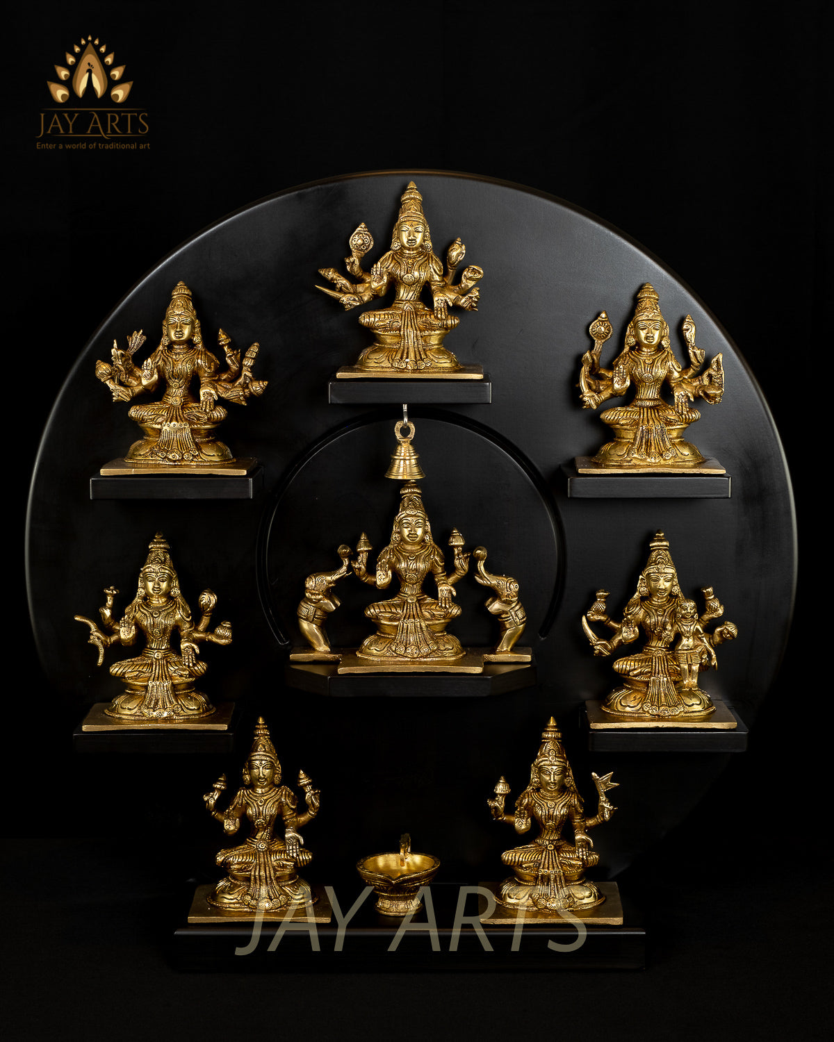 Brass Ashta Lakshmi in a Wooden Frame 21" (Circular Panel)