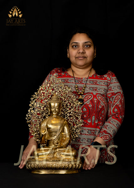 Buddha under a Tree in Gyan Mudra and with Alms Bowl 19" Brass Statue