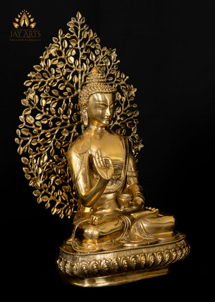 Buddha under a Tree in Gyan Mudra and with Alms Bowl 19" Brass Statue