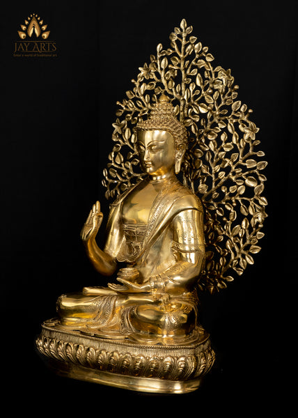 Buddha under a Tree in Gyan Mudra and with Alms Bowl 19" Brass Statue