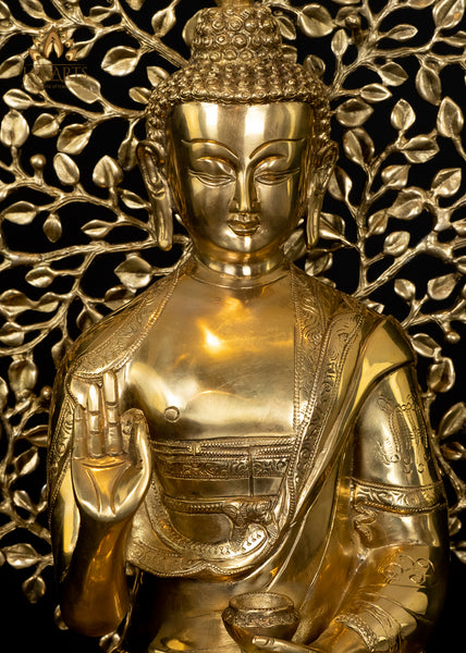 Buddha under a Tree in Gyan Mudra and with Alms Bowl 19" Brass Statue
