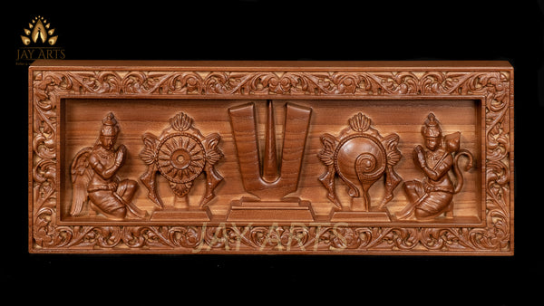 Vaishnava Symbols - Shanku and Chakra Carving in a Rectangle Floral Wood Frame 5" x 13"