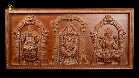 Lord Venkateswara with Goddess Padmavathi Devi and Goddess Lakshmi Devi 13" x 27" Ash wood panel