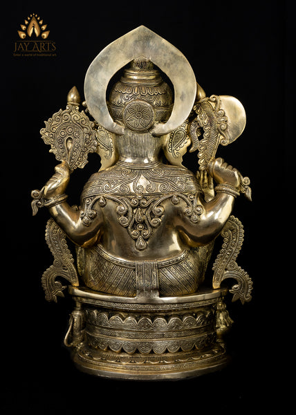Brass Lord Ganesh on OM pedestal 23" - The Remover of Obstacles (Antique finish)