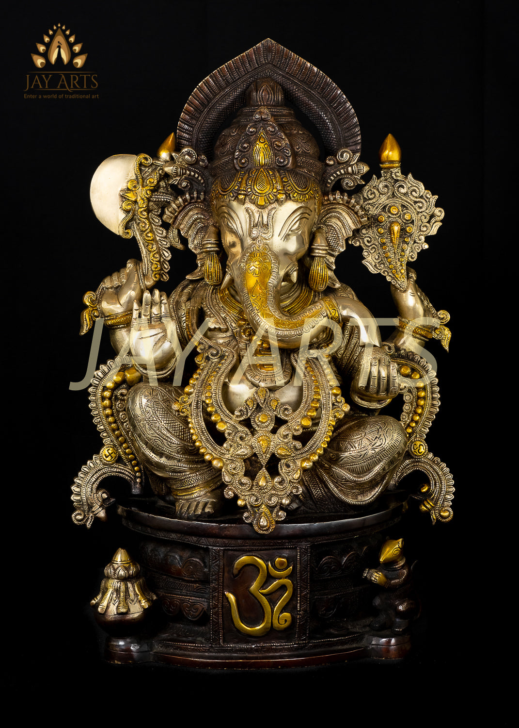 Brass Lord Ganesh on OM pedestal 23" - The Remover of Obstacles - Antique brown