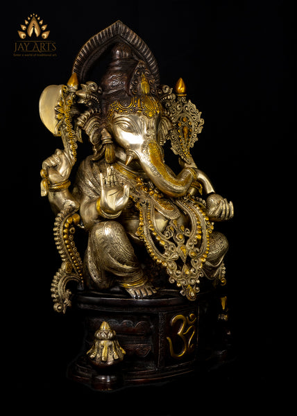 Brass Lord Ganesh on OM pedestal 23" - The Remover of Obstacles - Antique brown