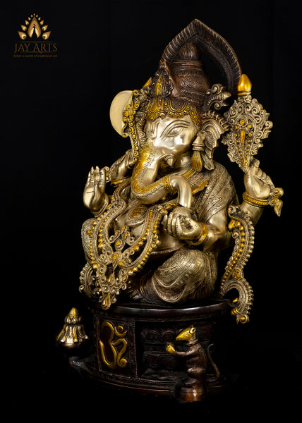 Brass Lord Ganesh on OM pedestal 23" - The Remover of Obstacles - Antique brown