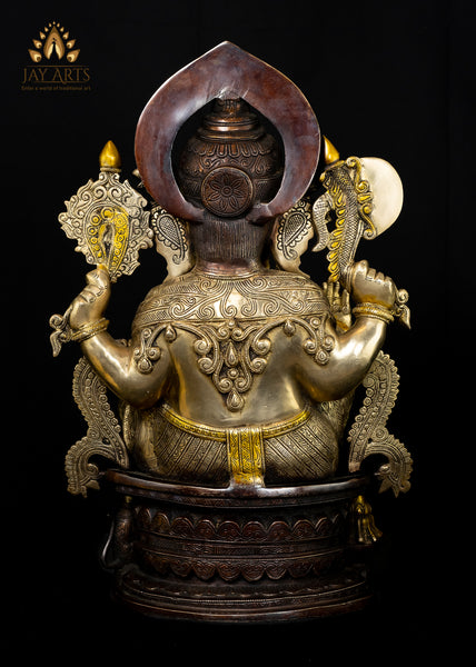 Brass Lord Ganesh on OM pedestal 23" - The Remover of Obstacles - Antique brown