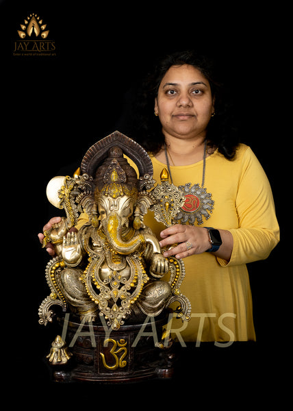 Brass Lord Ganesh on OM pedestal 23" - The Remover of Obstacles - Antique brown