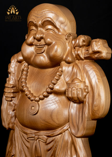 Laughing Buddha (Budai) 22" - A Wood Wall Panel of the Budai in Ash wood