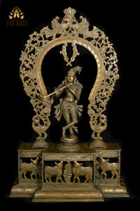 Bronze Sri Krishna Standing on a Cow Engraved Base with a Peacock Arch 44" - Lost-Wax Method Sculpture