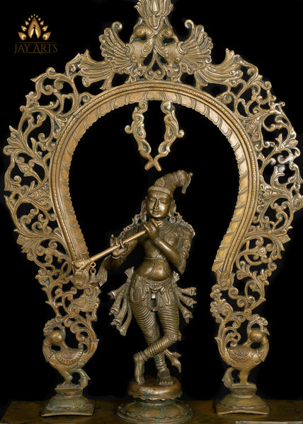 Bronze Sri Krishna Standing on a Cow Engraved Base with a Peacock Arch 44" - Lost-Wax Method Sculpture