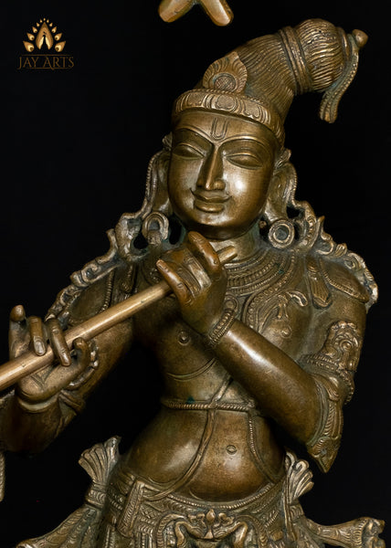 Bronze Sri Krishna Standing on a Cow Engraved Base with a Peacock Arch 44" - Lost-Wax Method Sculpture